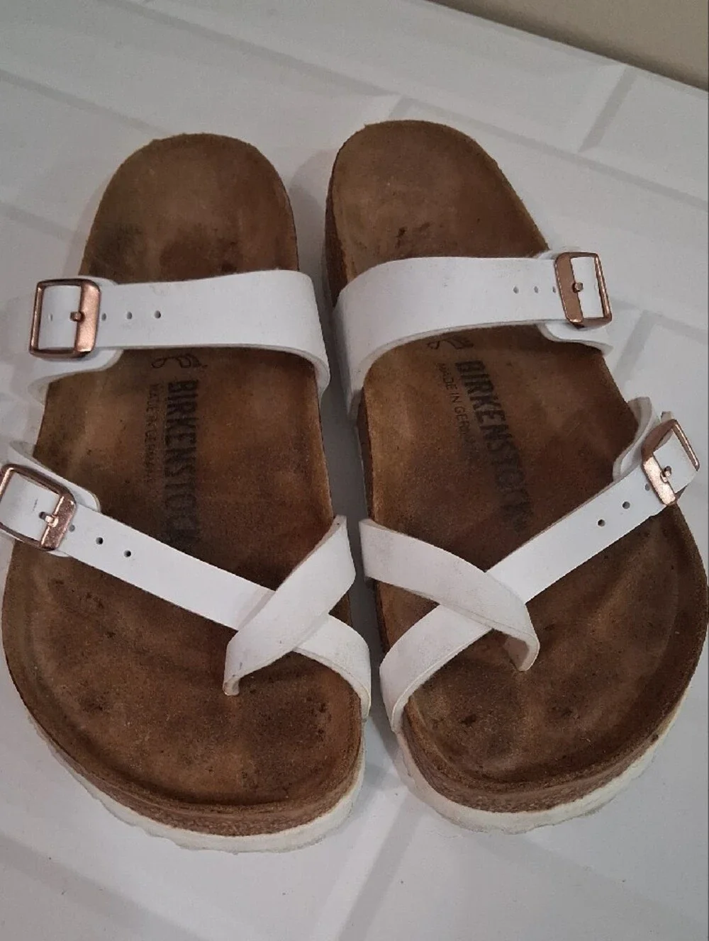 Birkenstock Mayari Women’s White Two-Strap Sandals with Rose Gold Buckles - Picture 5 of 11